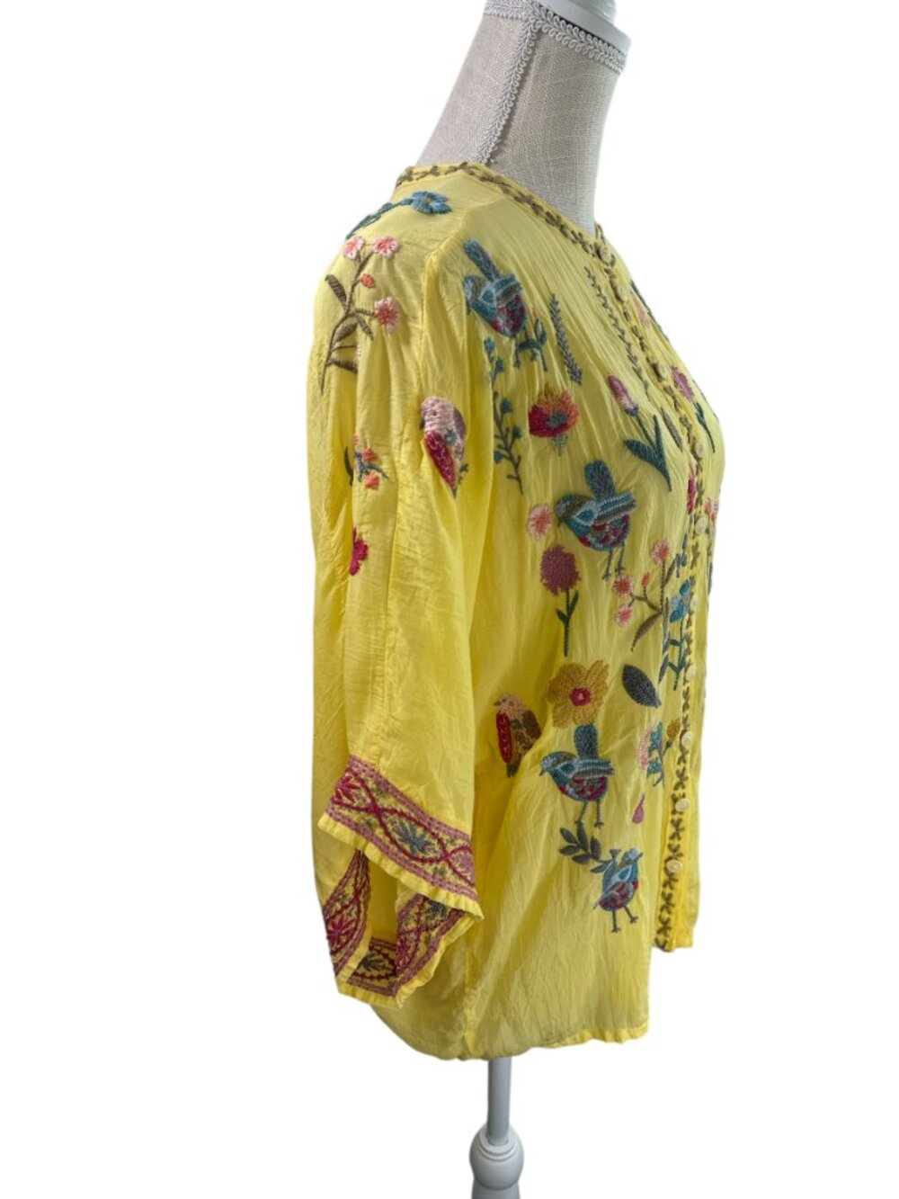 Johnny Was Embroidered Blouse Top Roylane Floral Birds Yellow Sz S - Picture 10 of 16